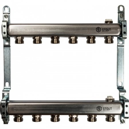 Коллектор Stout из нержавеющей стали для радиаторной разводки 6 вых.