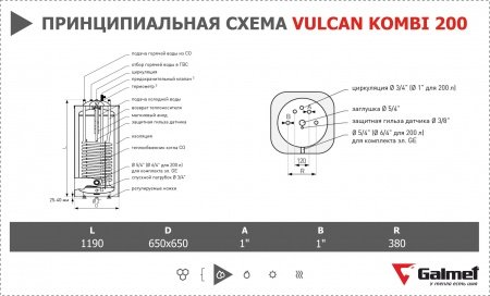 Бойлер косвенного нагрева Galmet Vulcan Kombi 200 (напольный)