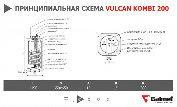 Бойлер косвенного нагрева Galmet Vulcan Kombi 200 (напольный)