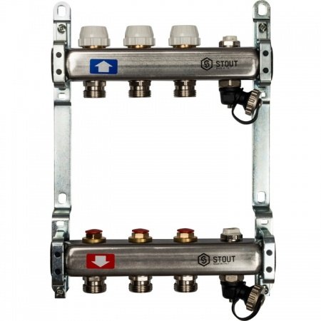 Коллектор Stout из нержавеющей стали без расходомеров, с клапаном вып. воздуха и сливом 3 вых.