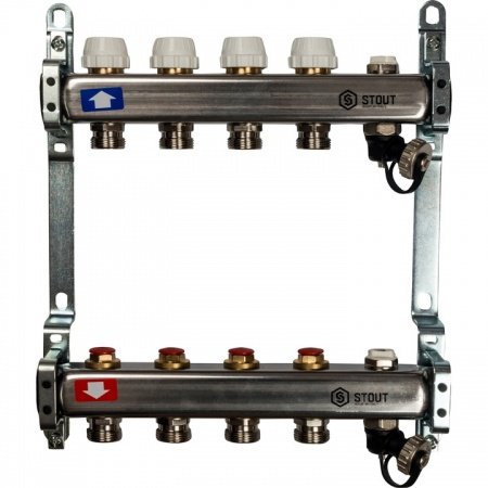 Коллектор Stout из нержавеющей стали без расходомеров, с клапаном вып. воздуха и сливом 4 вых.