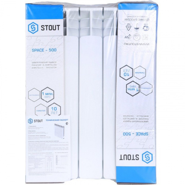 Биметаллический радиатор Stout Space 500 4 секций нижнее правое подключение