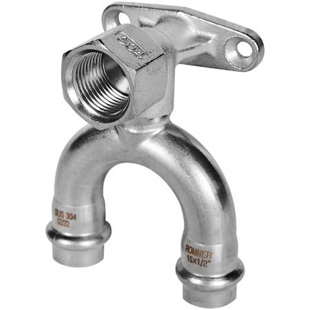 Угольник ROMMER проходной настенный с креплением-ВР, 15х1/2, из нержавеющей стали прессовой