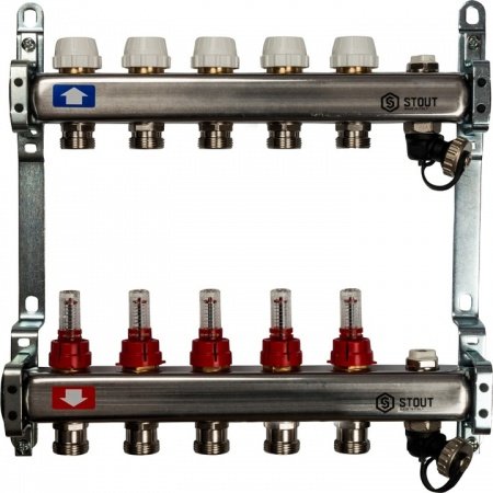 Коллектор Stout из нержавеющей стали с расходомерами, с клапаном вып. воздуха и сливом 5 вых.