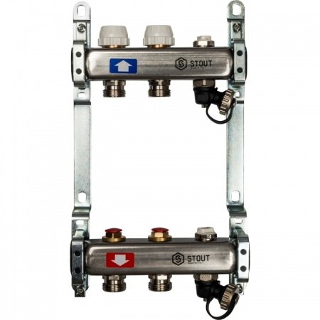Коллектор Stout из нержавеющей стали без расходомеров, с клапаном вып. воздуха и сливом 2 вых.