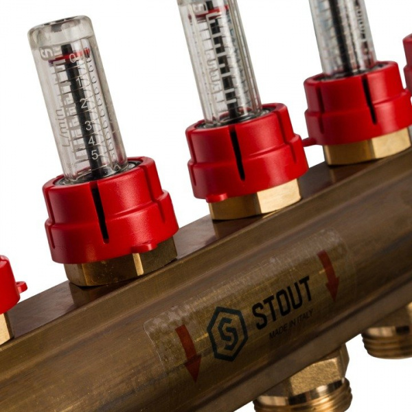 Коллектор Stout распределительный из латуни с расходомерами 6 вых.