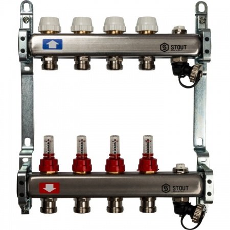 Коллектор Stout из нержавеющей стали с расходомерами, с клапаном вып. воздуха и сливом 4 вых.